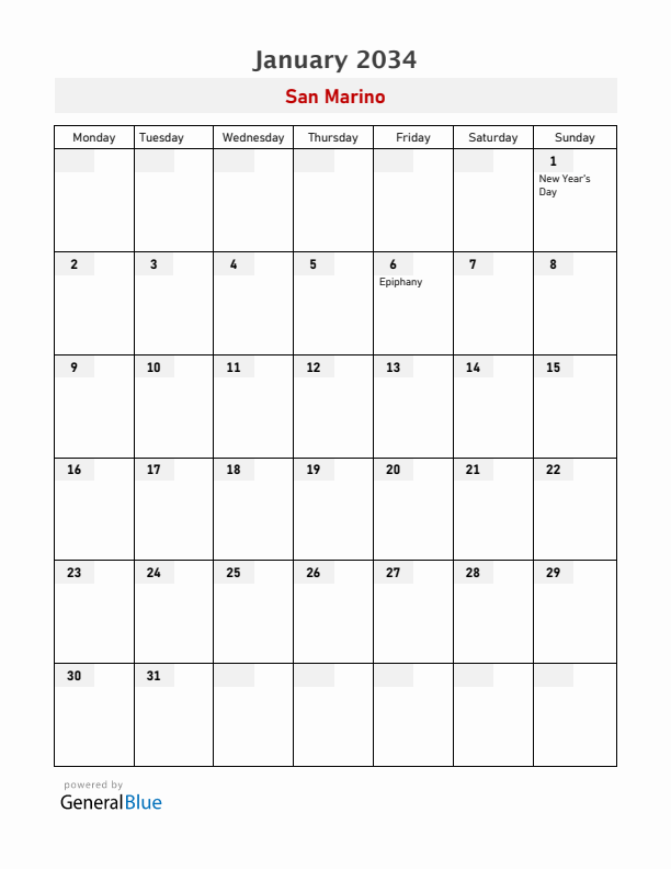 San Marino January 2034 Calendar with Holidays