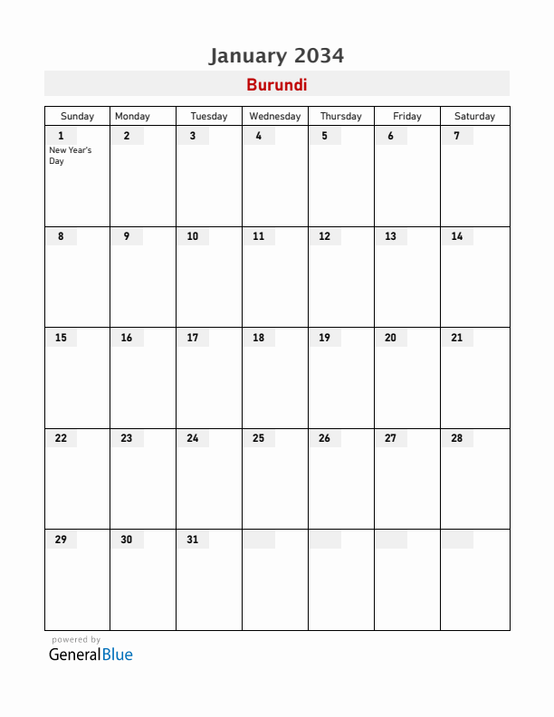 Burundi January 2034 Calendar with Holidays
