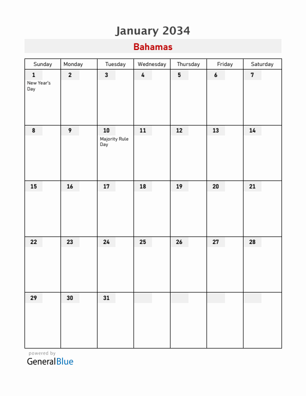 Bahamas January 2034 Calendar with Holidays