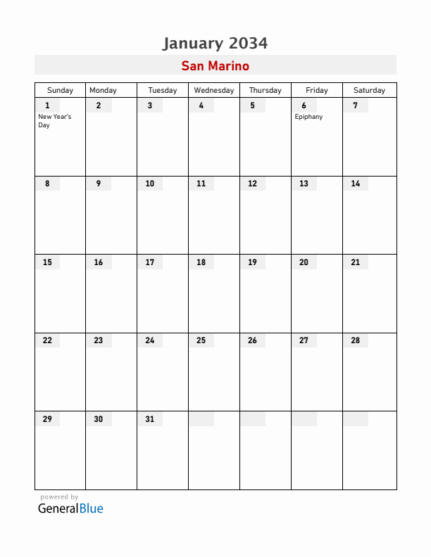 San Marino January 2034 Calendar with Holidays