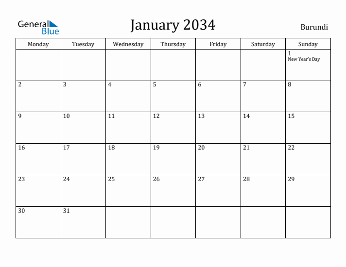 January 2034 Calendar Burundi
