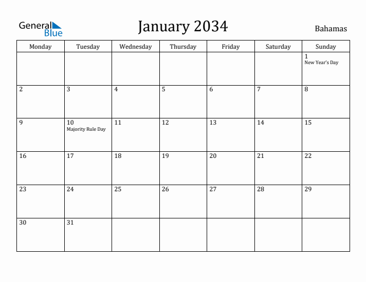 January 2034 Calendar Bahamas
