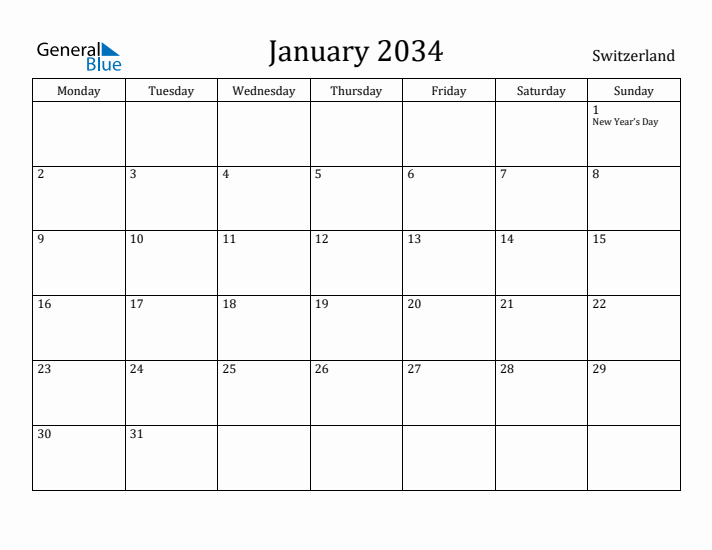 January 2034 Calendar Switzerland