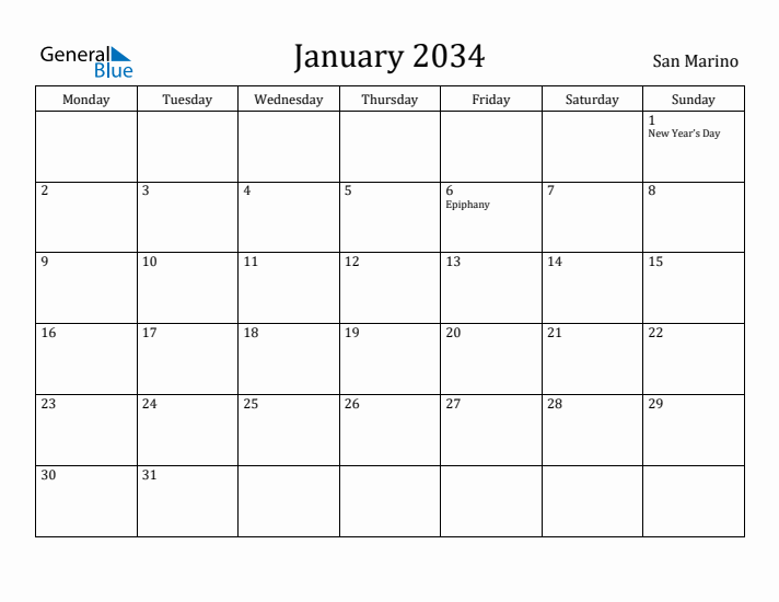 January 2034 Calendar San Marino