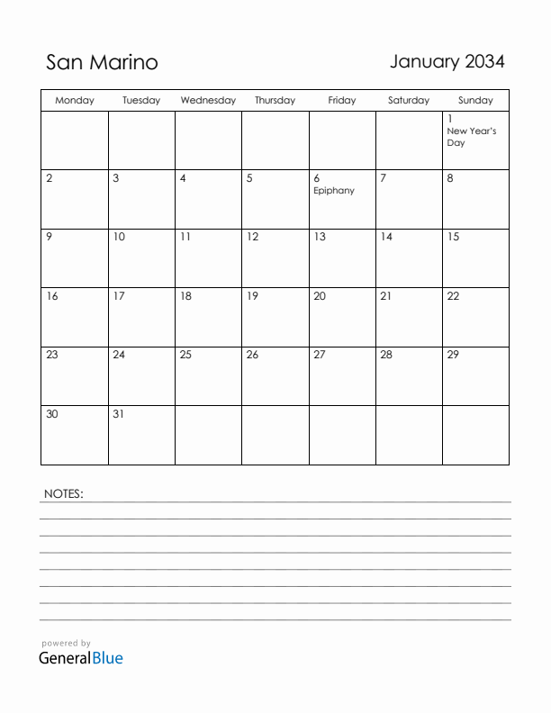 January 2034 San Marino Calendar with Holidays (Monday Start)