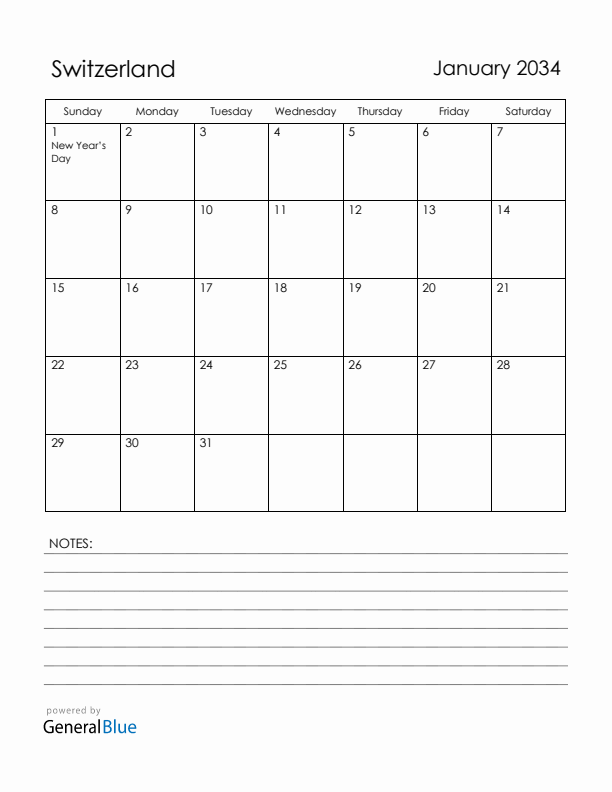 January 2034 Switzerland Calendar with Holidays (Sunday Start)