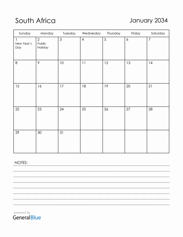 January 2034 South Africa Calendar with Holidays (Sunday Start)