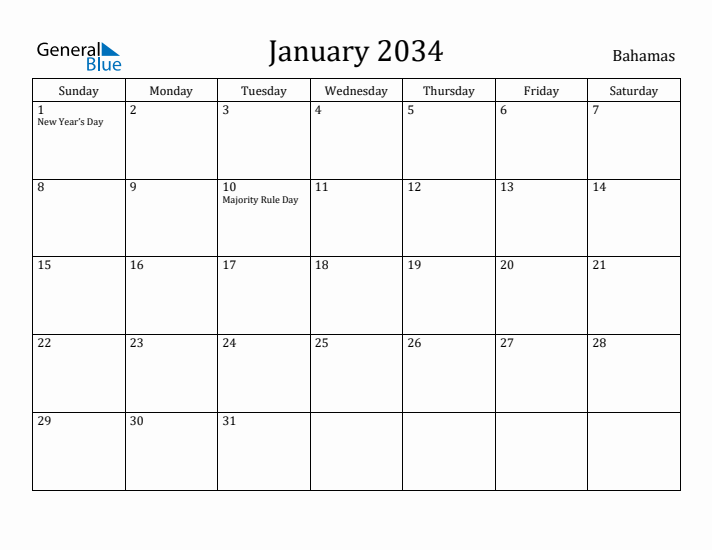January 2034 Calendar Bahamas