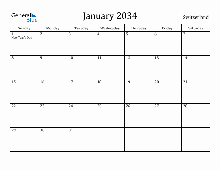 January 2034 Calendar Switzerland