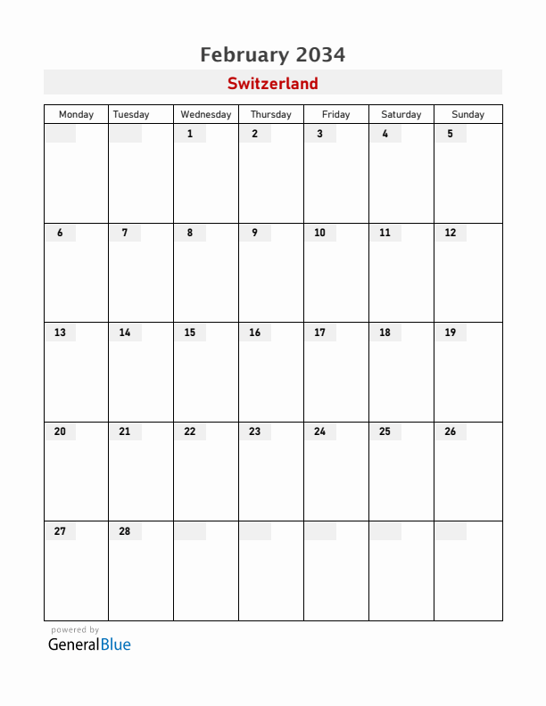 Switzerland February 2034 Calendar with Holidays