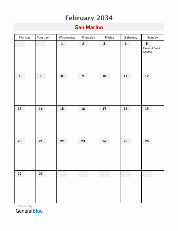 San Marino February 2034 Calendar with Holidays