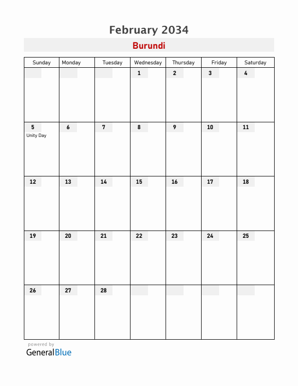 Burundi February 2034 Calendar with Holidays