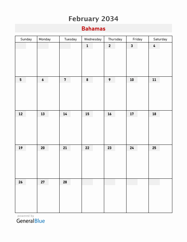 Bahamas February 2034 Calendar with Holidays
