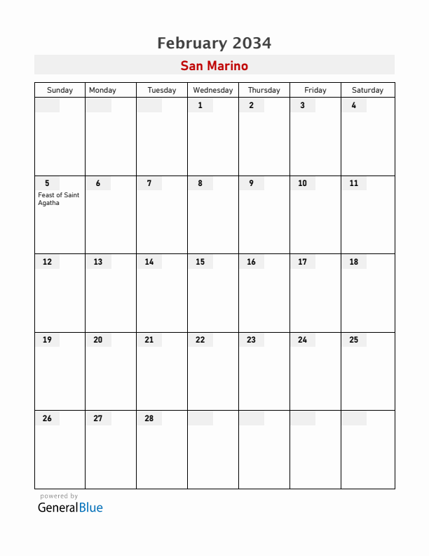 San Marino February 2034 Calendar with Holidays
