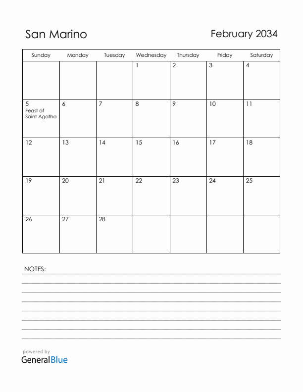 February 2034 San Marino Calendar with Holidays (Sunday Start)