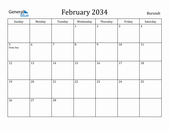 February 2034 Calendar Burundi