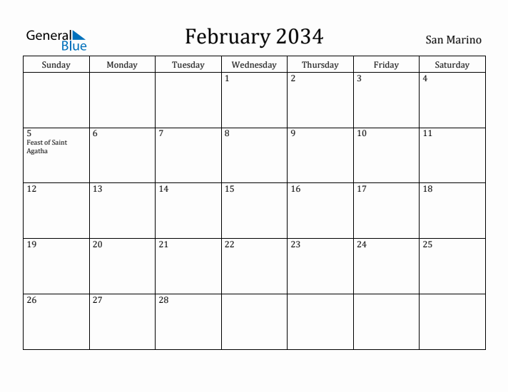 February 2034 Calendar San Marino