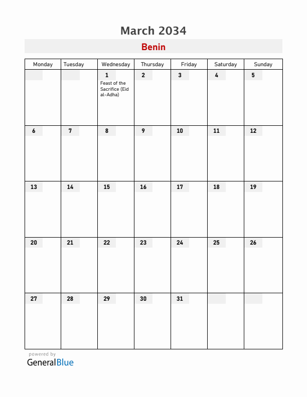 Benin March 2034 Calendar with Holidays