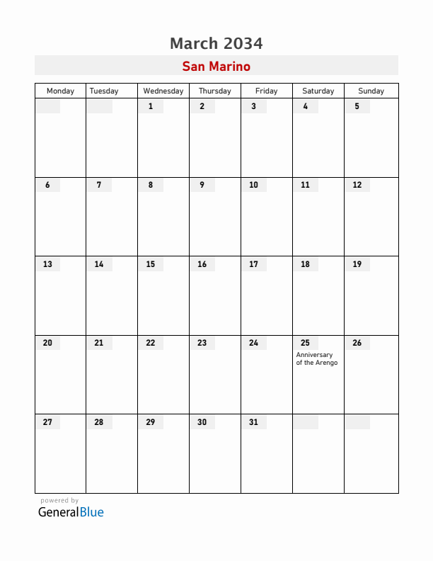 San Marino March 2034 Calendar with Holidays