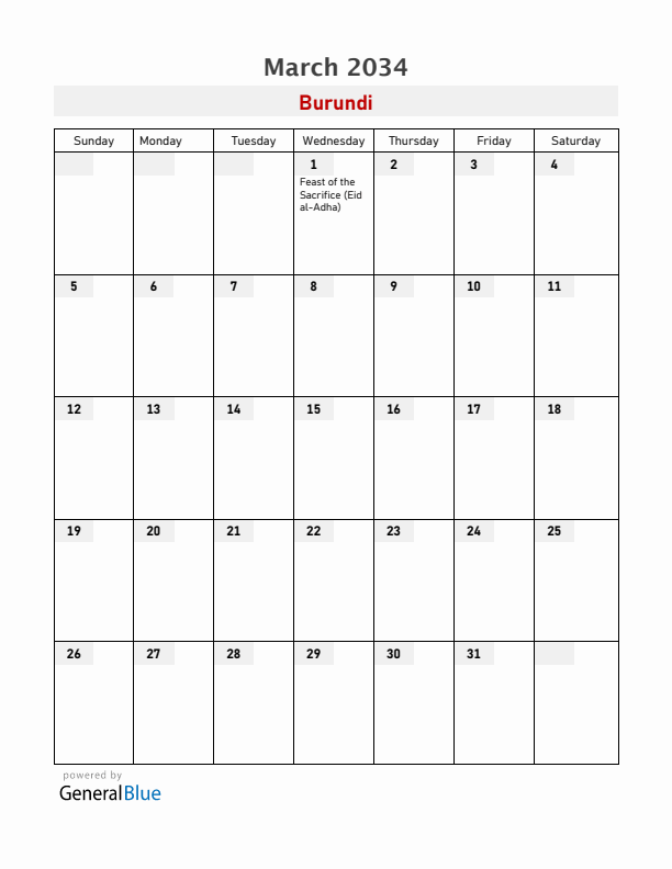Burundi March 2034 Calendar with Holidays