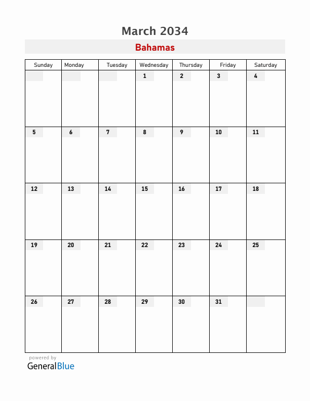 Bahamas March 2034 Calendar with Holidays