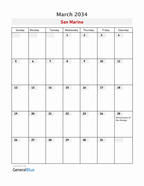 San Marino March 2034 Calendar with Holidays