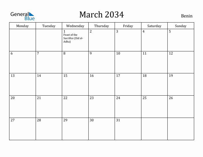 March 2034 Calendar Benin