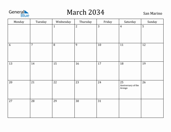 March 2034 Calendar San Marino