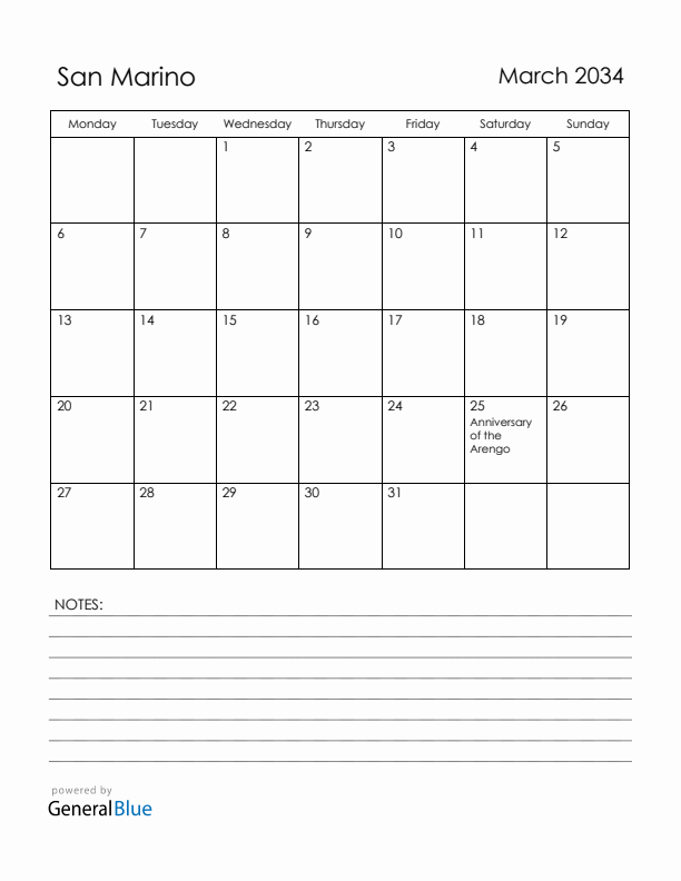 March 2034 San Marino Calendar with Holidays (Monday Start)