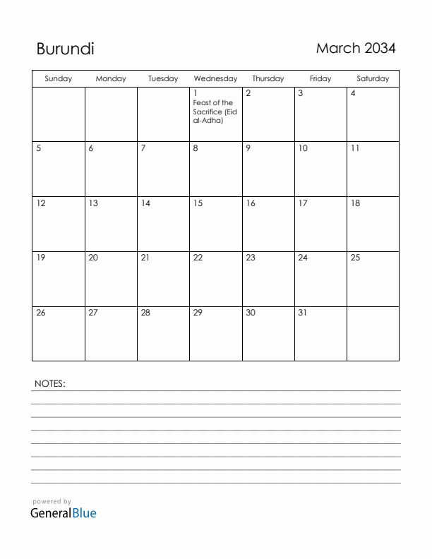 March 2034 Burundi Calendar with Holidays (Sunday Start)
