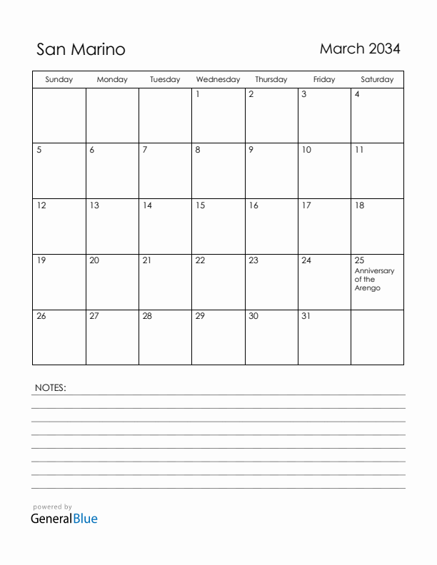 March 2034 San Marino Calendar with Holidays (Sunday Start)