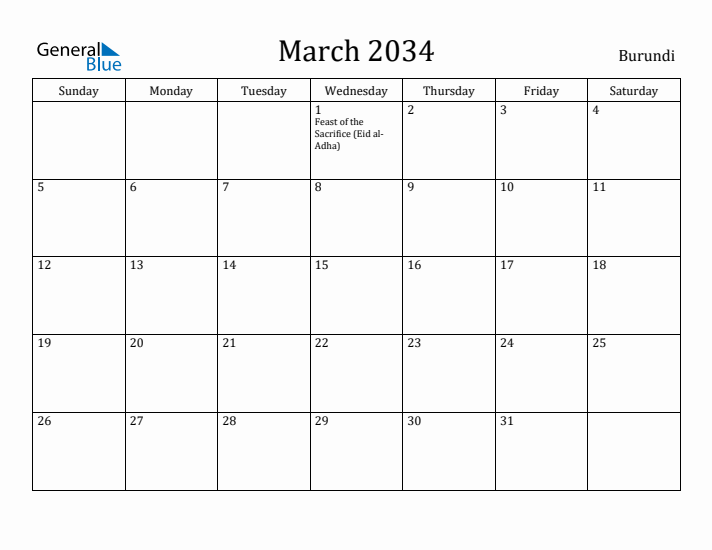 March 2034 Calendar Burundi