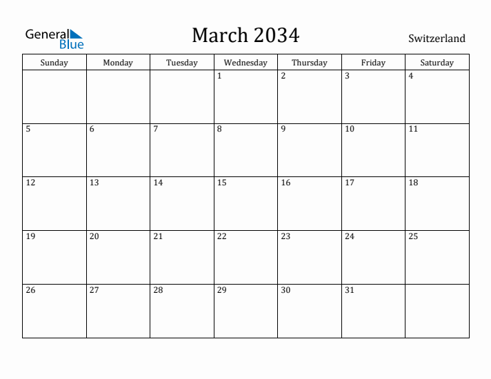 March 2034 Calendar Switzerland
