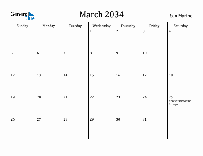 March 2034 Calendar San Marino