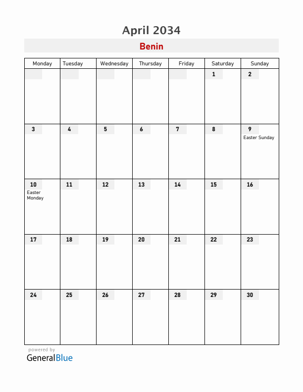 Benin April 2034 Calendar with Holidays