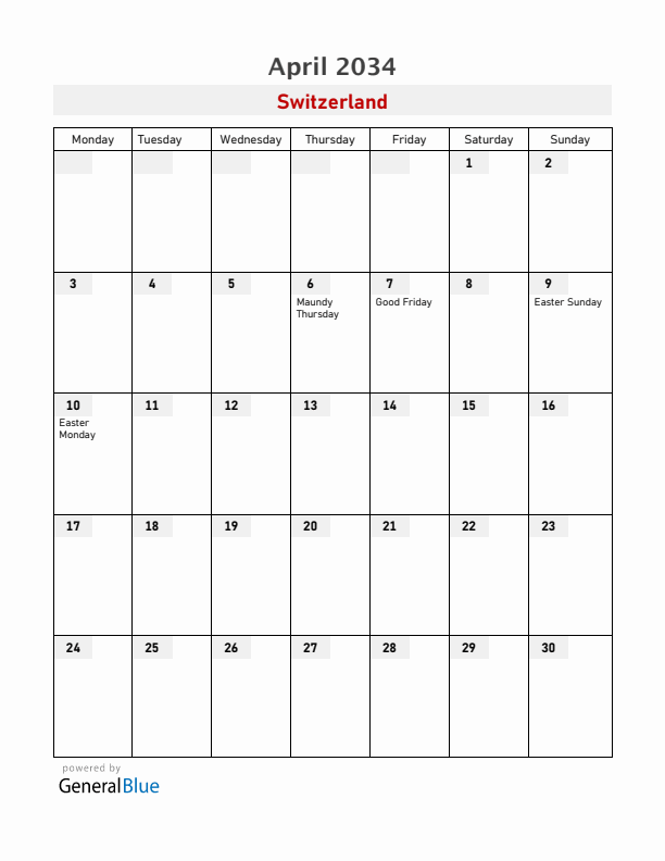Switzerland April 2034 Calendar with Holidays
