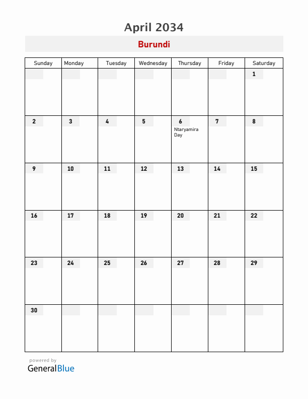Burundi April 2034 Calendar with Holidays