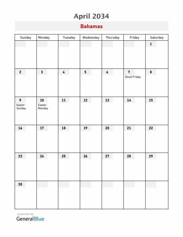 Bahamas April 2034 Calendar with Holidays