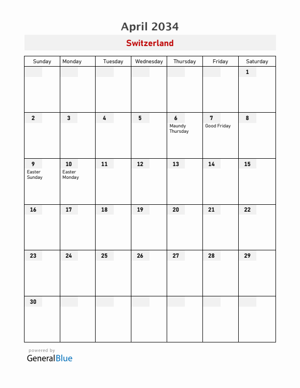 Switzerland April 2034 Calendar with Holidays