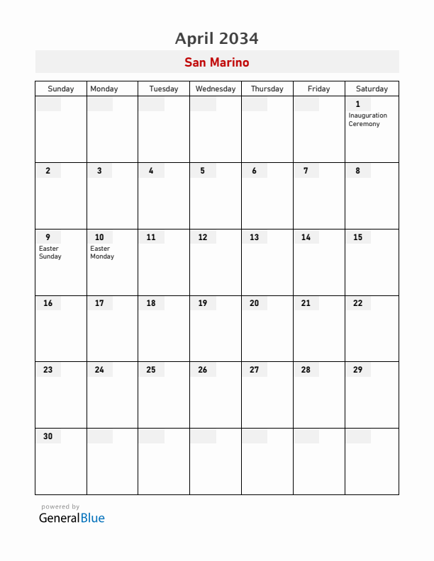 San Marino April 2034 Calendar with Holidays