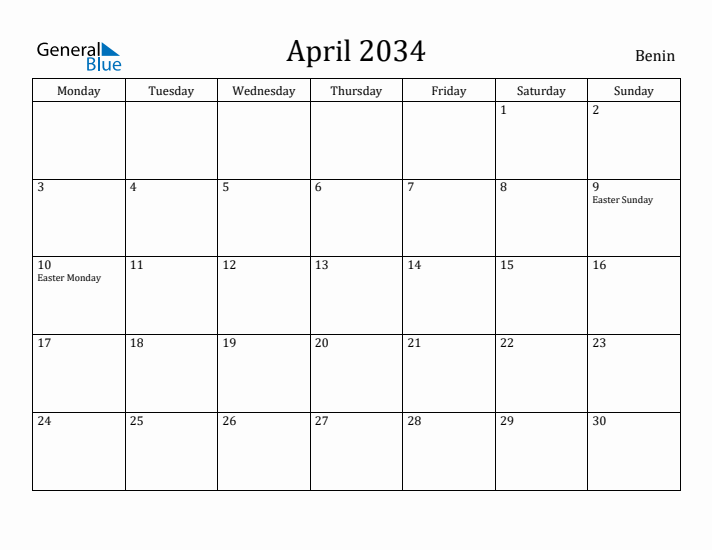 April 2034 Calendar Benin