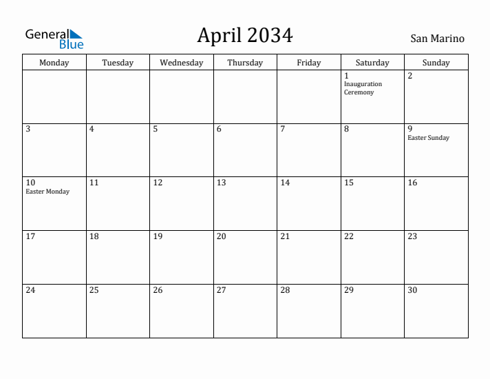 April 2034 Calendar San Marino
