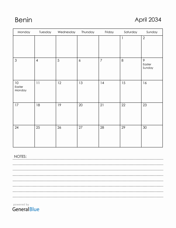 April 2034 Benin Calendar with Holidays (Monday Start)