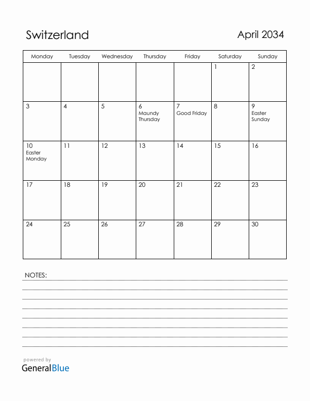 April 2034 Switzerland Calendar with Holidays (Monday Start)