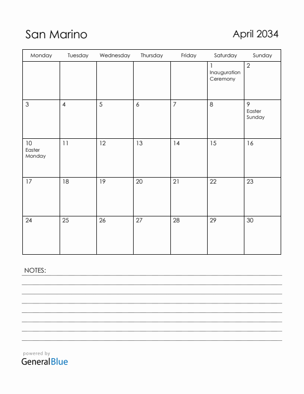 April 2034 San Marino Calendar with Holidays (Monday Start)