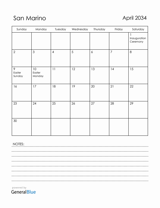 April 2034 San Marino Calendar with Holidays (Sunday Start)