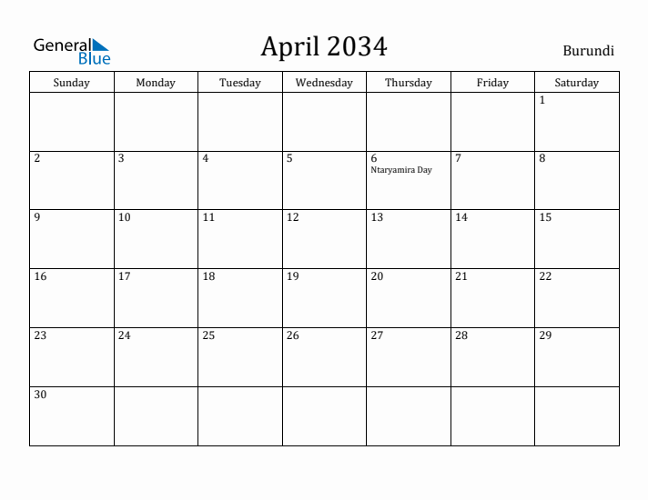 April 2034 Calendar Burundi