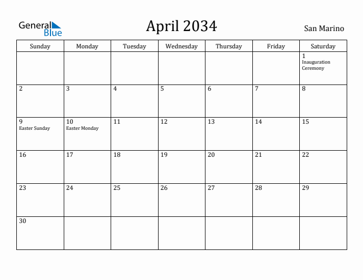 April 2034 Calendar San Marino