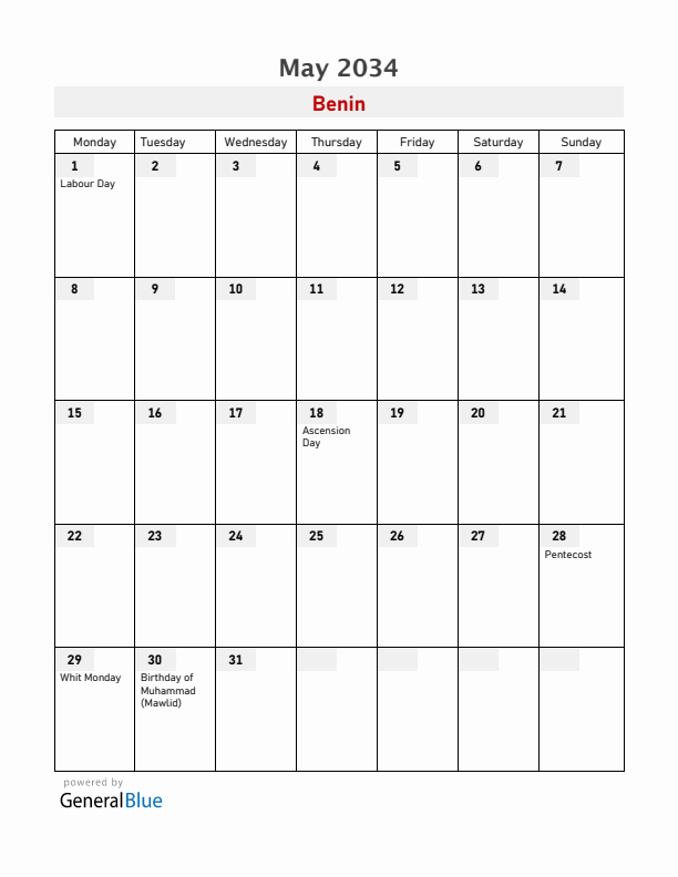 Benin May 2034 Calendar with Holidays