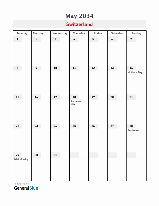 Switzerland May 2034 Calendar with Holidays